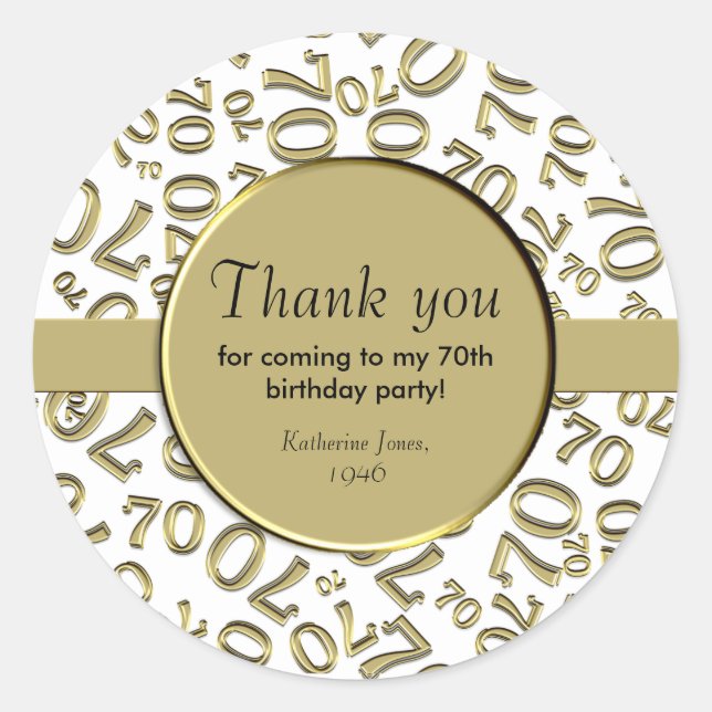 Thank You:  70th Number Pattern Gold and White Classic Round Sticker (Front)