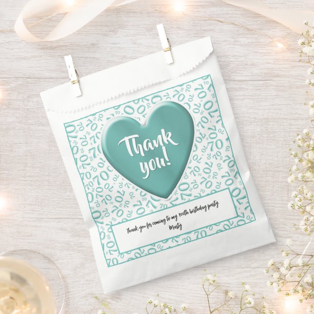 Thank You 70th Random Number Pattern Teal/White Favour Bag (Clipped)