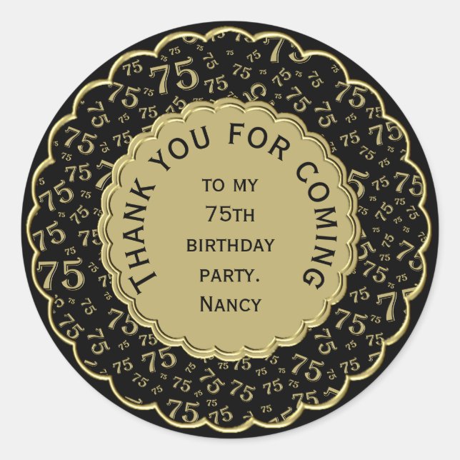 Thank You 75th Birthday Black and Gold Pattern Classic Round Sticker (Front)