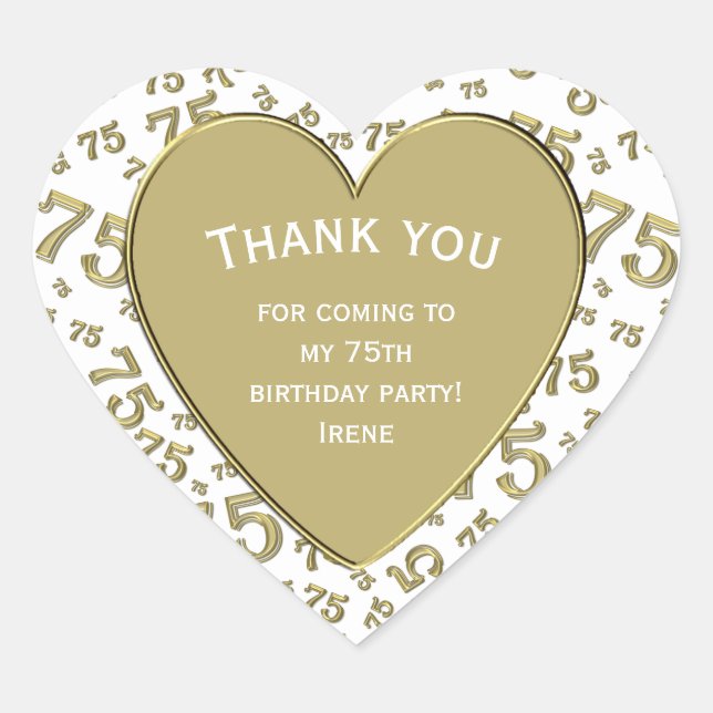 Thank you: 75th Birthday Gold/White Number Pattern Heart Sticker (Front)
