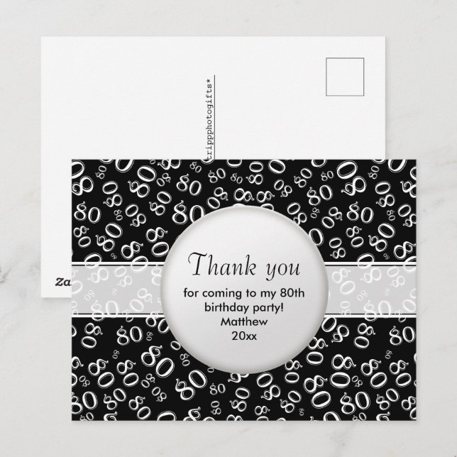 Thank You 80th Black/White Birthday Number Pattern Postcard (Front/Back)