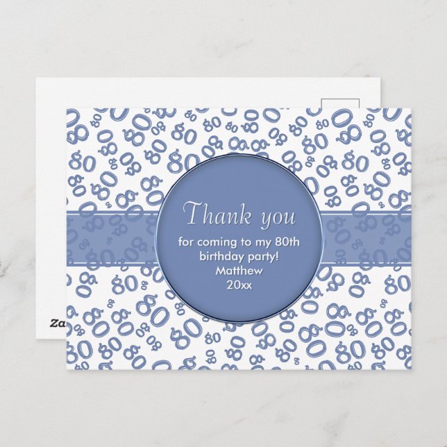 Thank You: 80th Blue/White Birthday Number Pattern Postcard (Front/Back)