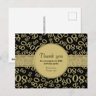 Thank You: 80th Gold/Black Birthday Number Pattern Postcard