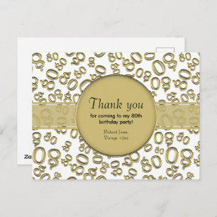 Thank You: 80th Gold/White Birthday Number Pattern Postcard