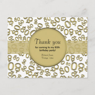 Thank You: 80th Gold/White Birthday Number Pattern Postcard