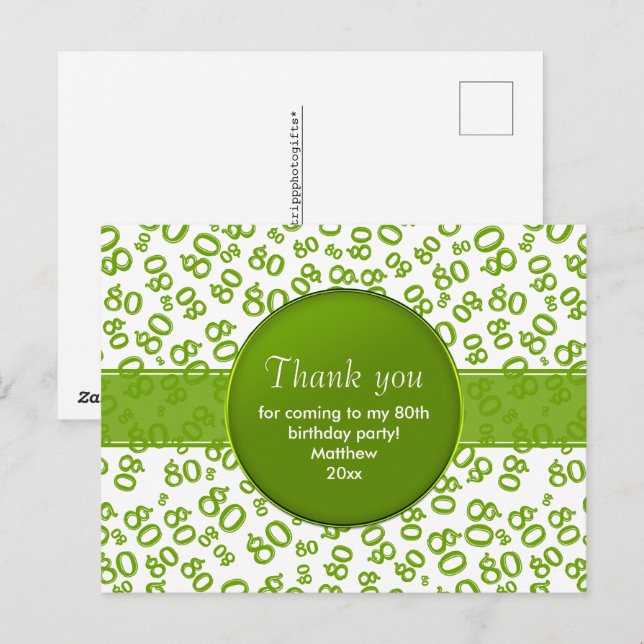 Thank You 80th Green/White Birthday Number Pattern Postcard (Front/Back)