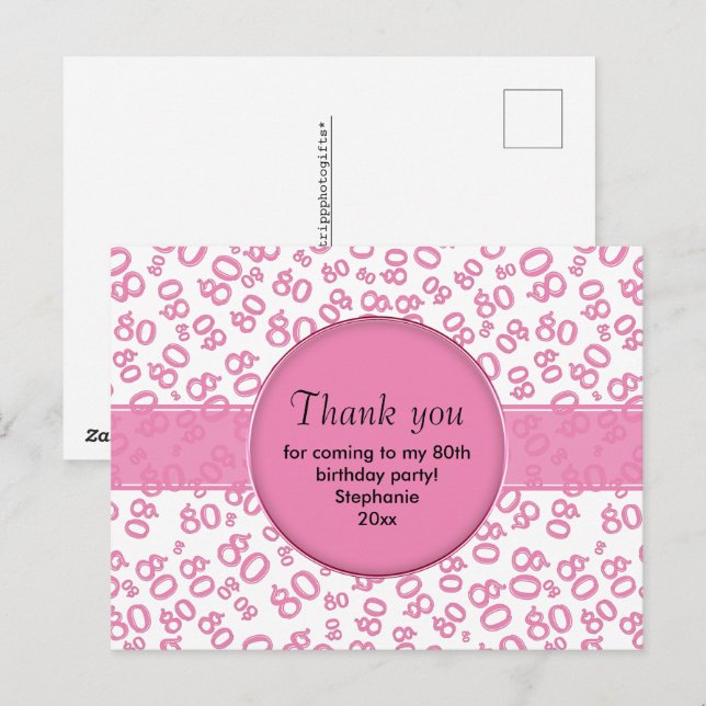 Thank You: 80th Pink/White Birthday Number Pattern Postcard (Front/Back)