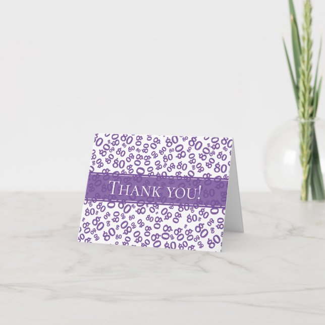 "Thank you!" 80th Purple and White Number Pattern Thank You Card (Front)