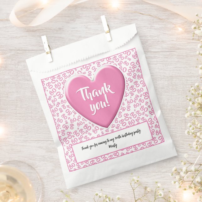 Thank You 80th Random Number Pattern Pink/White Favour Bag (Clipped)