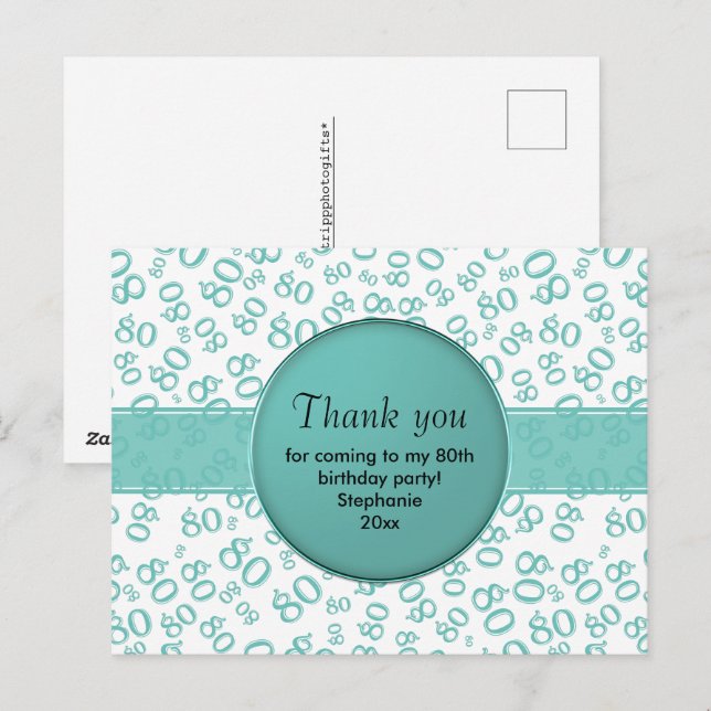 Thank You: 80th Teal/White Birthday Number Pattern Postcard (Front/Back)