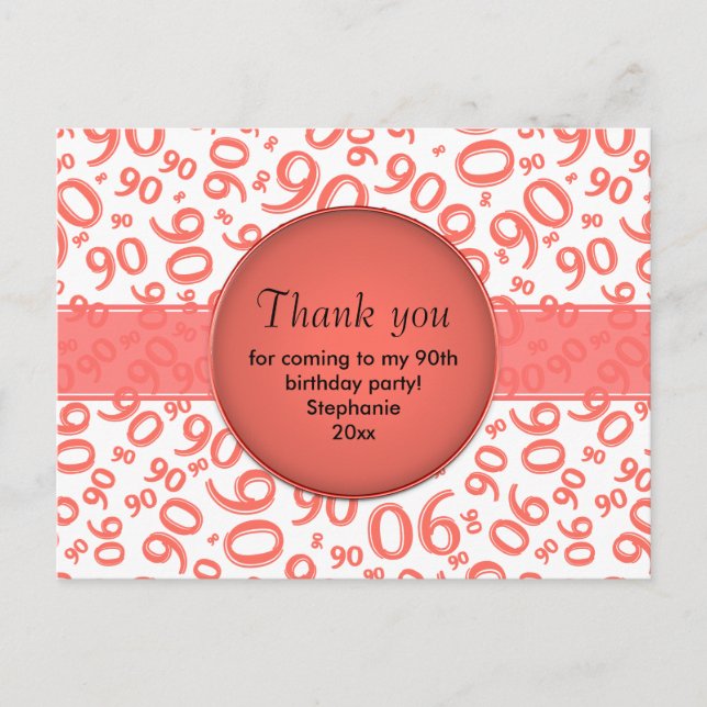 Thank You: 90 Coral/White Birthday Number Pattern Postcard (Front)