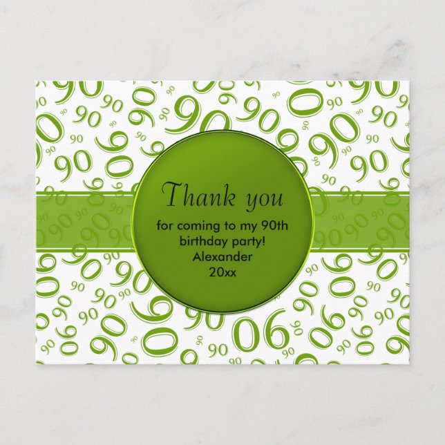 Thank You: 90 Green/White Birthday Number Pattern Postcard (Front)