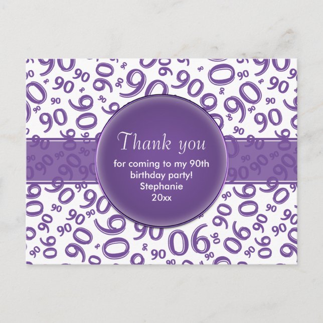 Thank  You 90 Purple/White Birthday Number Pattern Postcard (Front)