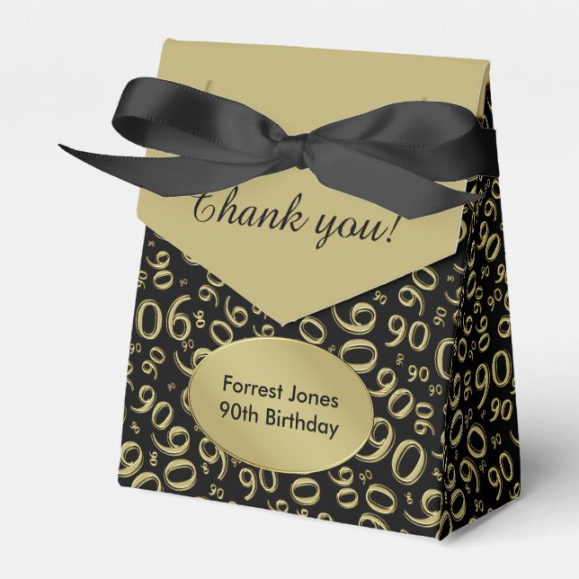 Thank You:  90th Birthday Theme Gold/Black Favor Box (Front Side)