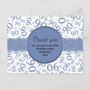 Thank You: 90th Blue/White Birthday Number Pattern Postcard