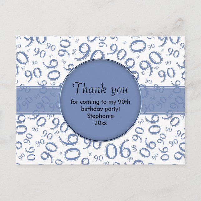 Thank You: 90th Blue/White Birthday Number Pattern Postcard (Front)