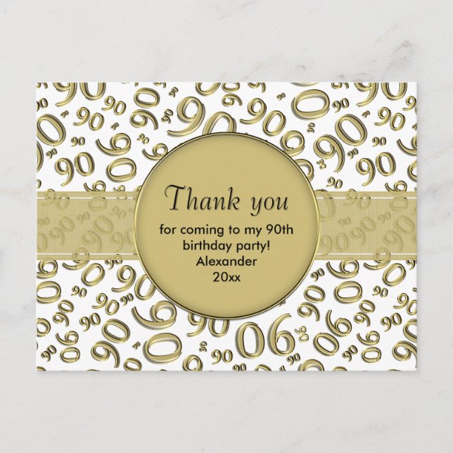 Thank You 90th Gold/White Birthday Number Pattern Postcard (Front)