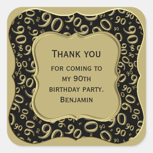 Thank you: 90th Number Pattern Gold/Black Bracket Square Sticker (Front)
