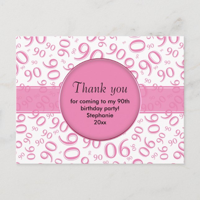 Thank You: 90th Pink/White Birthday Number Pattern Postcard (Front)