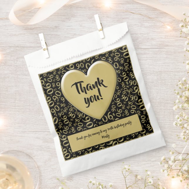 Thank You 90th Random Number Pattern Black/Gold Favour Bag (Clipped)