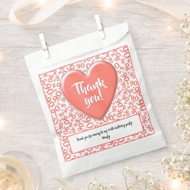 Thank You 90th Random Number Pattern Coral/White Favour Bag (Clipped)