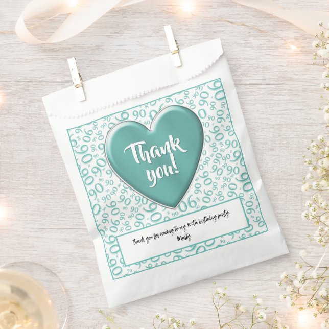 Thank You 90th Random Number Pattern Teal/White Favour Bag (Clipped)