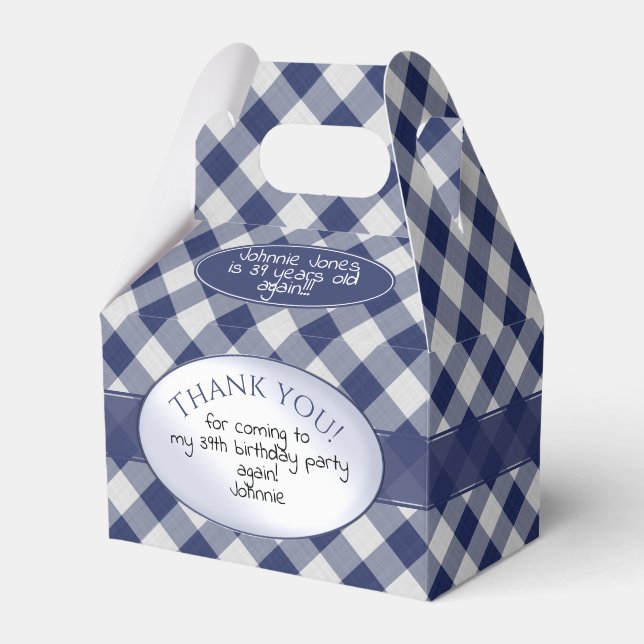 "Thank You Again" Navy Blue Gingham Checks Pattern Favor Box (Front Side)