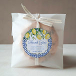 Thank You Amalfi Coast Lemons Baby Blue Shower Classic Round Sticker<br><div class="desc">Thank you stickers for any event (shown here for a Baby Shower but all of the text fields are customizable). The design features watercolor lemons against a background of a vintage blue and white azulejo tile design.</div>
