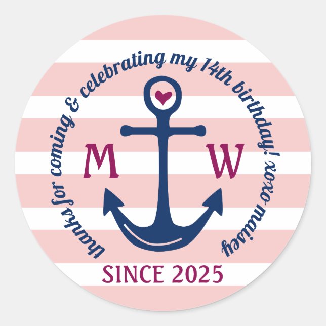 Thank You Anchor Heart Pink Stripes Nautical Logo Classic Round Sticker (Front)