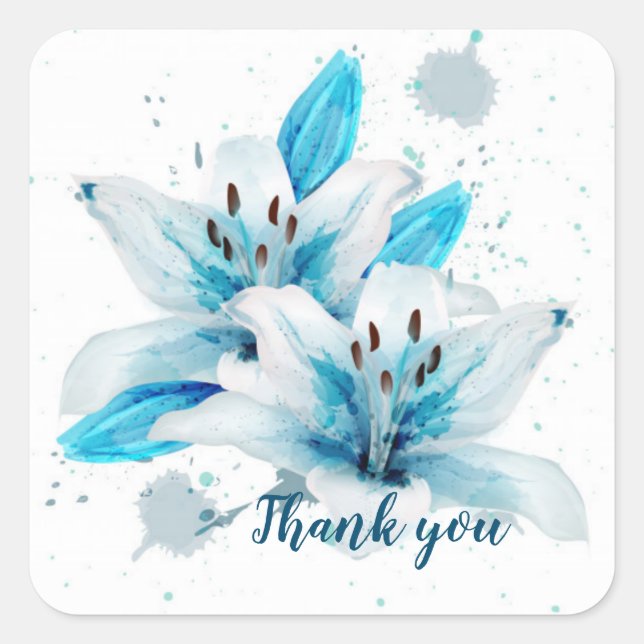 Thank you and blue watercolor flower square sticker (Front)