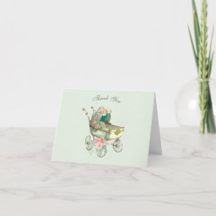 Thank You Antique Carriage Green Gingham Roses Card