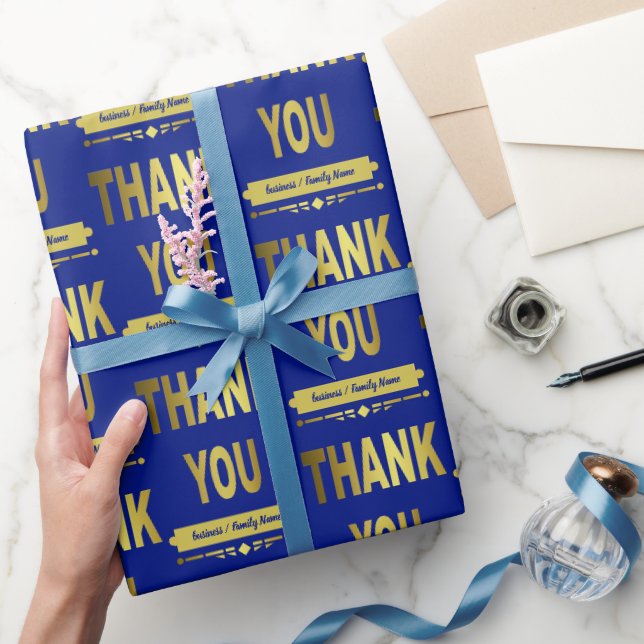 Thank You Appreciation Blue Gold Typography Wrapping Paper (Gifting)