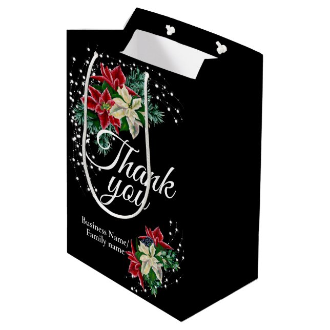 Thank You Appreciation Poinsettia Floral Black Medium Gift Bag (Back Angled)