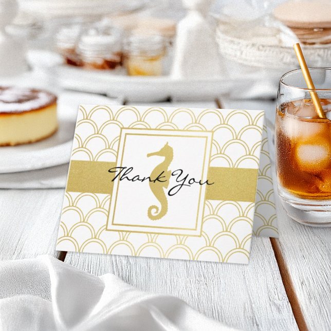 Thank You Art Deco Wave Gold Glitter Seahorse Card (Creator Uploaded)