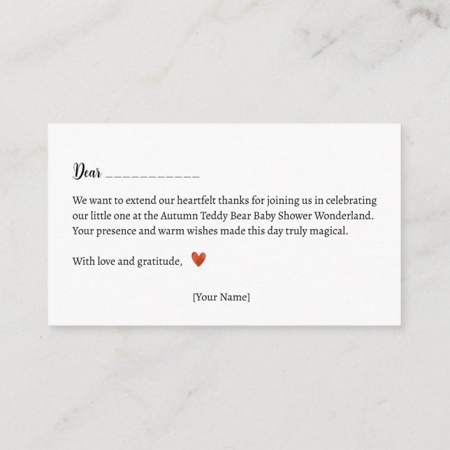 Thank You! Autumn Teddy Bear Baby Shower Enclosure Card (Back)