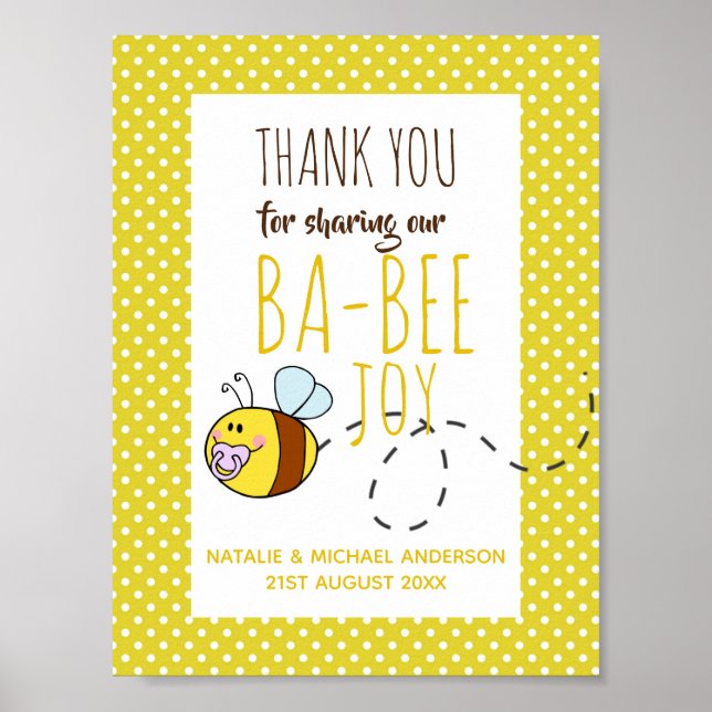 Thank You BA-BEE Baby Shower Yellow Polkadot Poster (Front)