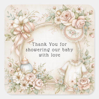 Thank You Baby Girl Pink Roses Bottle Bib Square Sticker