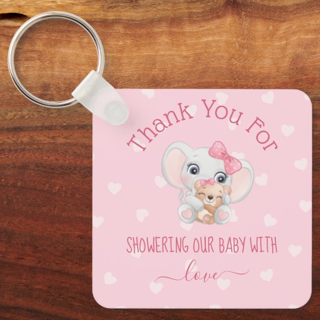 thank you baby shower girls pink hearts elephant  keychain (Front)
