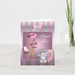 Thank You Baby Shower Pretty Pink Silver Stripe Card