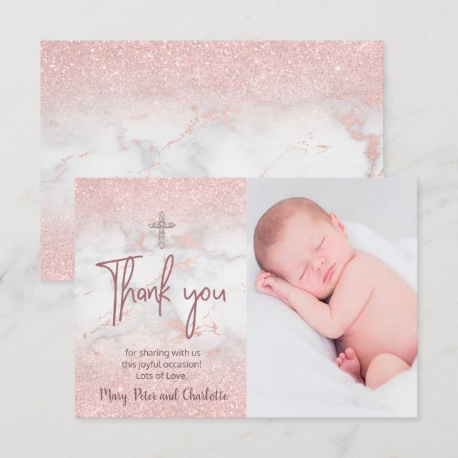 thank you baptism faux pink glitter on marble invitation (Front/Back)