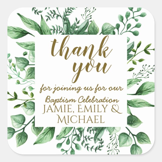 Thank You BAPTISM Stickers , Botanical Leaves BIG (Front)