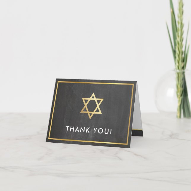 THANK YOU bar mitzvah gold star grey chalkboard Card (Front)