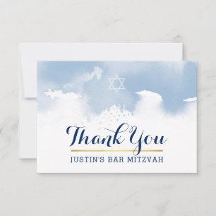 THANK YOU BAR MITZVAH modern star blue watercolor Card