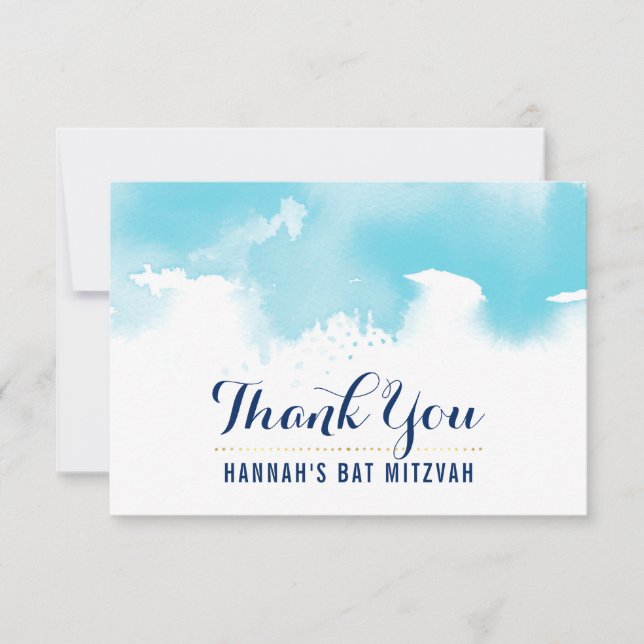 THANK YOU BAT MITZVAH modern cute aqua watercolor (Front)