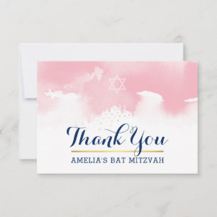 THANK YOU BAT MITZVAH modern star PINK watercolor Card