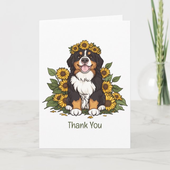 Thank You Bernese Mountain Dog Sunflower Crown Card (Front)