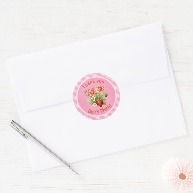 Thank You Berry Much Strawberry Pink Gingham  Classic Round Sticker (Envelope)