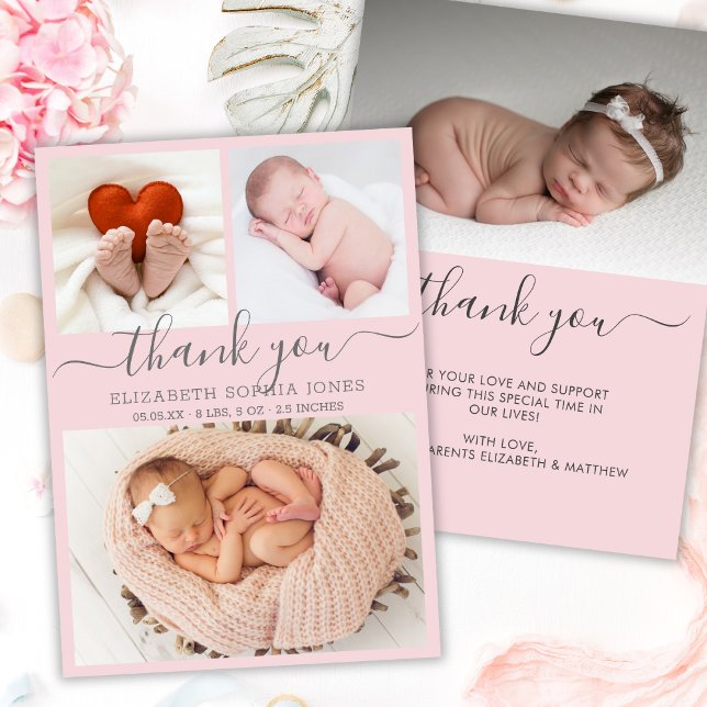 Thank You Birth Announcement Blush Photo Collage (Creator Uploaded)