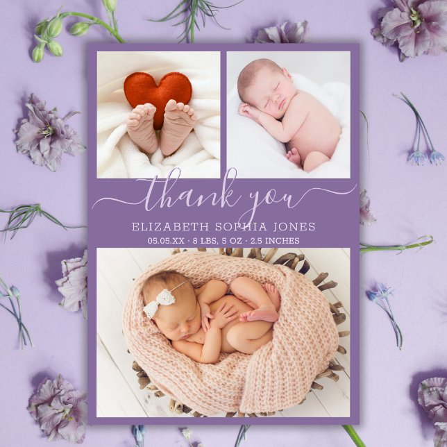 Thank You Birth Announcement Purple Photo Collage (Creator Uploaded)