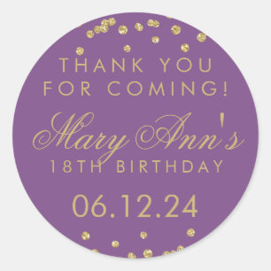 Thank You Birthday Gold Glitter Confetti Purple Classic Round Sticker